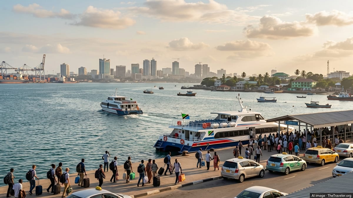 Afternoon view of busy Dar es Salaam waterfront with ferries and diverse crowd.