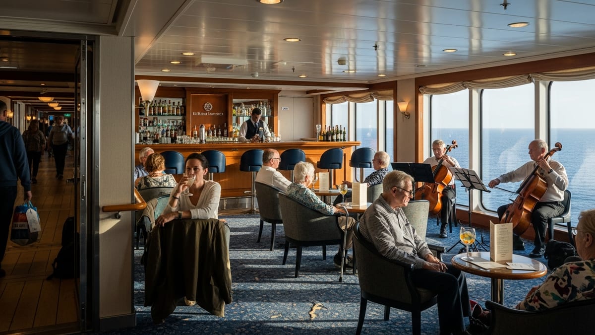 Afternoon scene of a lounge bar on a Holland America cruise ship with a string trio playing.