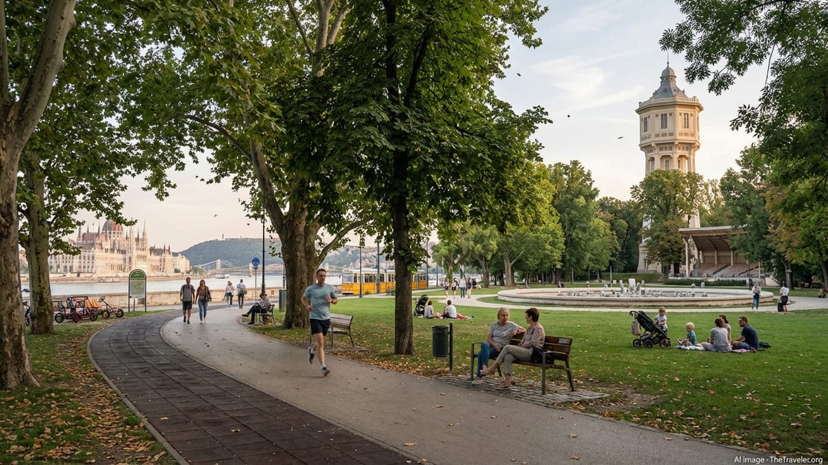 Afternoon scene on Margaret Island, Budapest with locals, Parliament building, and Danube view.