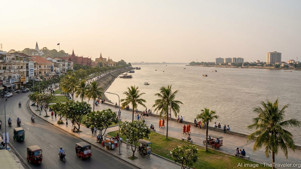Afternoon view of Phnom Penh's riverfront, Sisowath Quay, from an elevated balcony.
