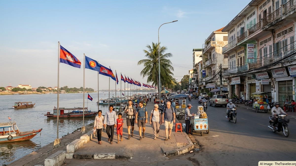 Afternoon view of Sisowath Quay riverside promenade in Phnom Penh, Cambodia.