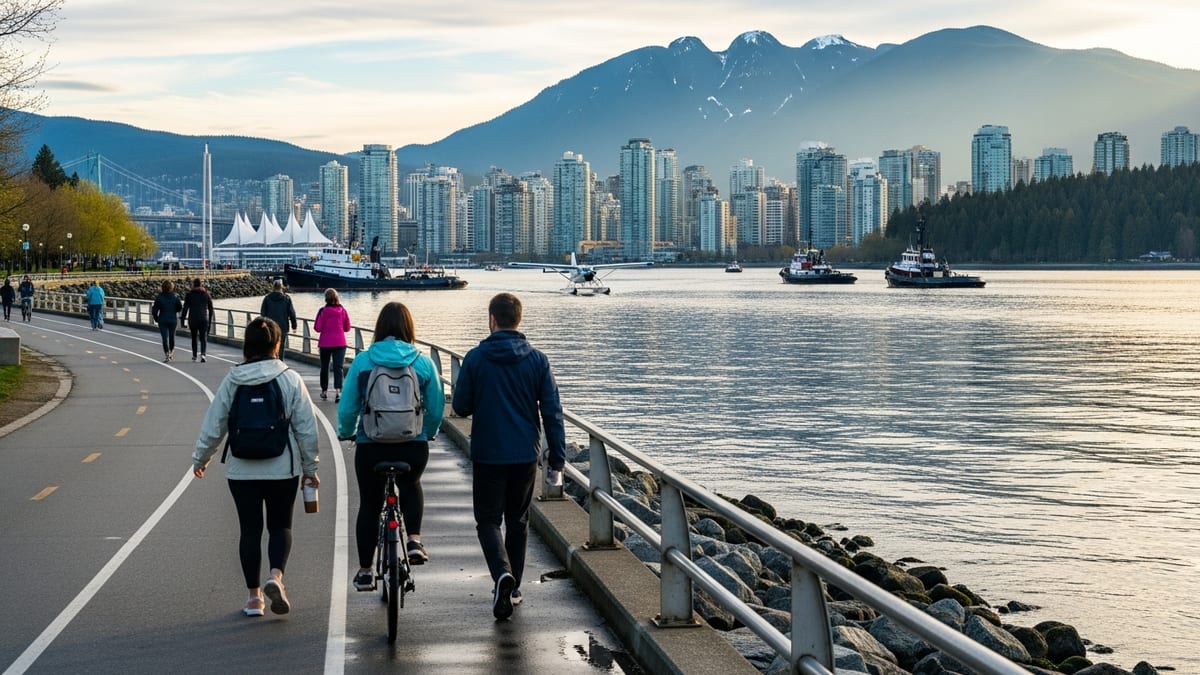 Afternoon view of Vancouver's downtown waterfront from Coal Harbour, highlighting city's urban and natural balance.