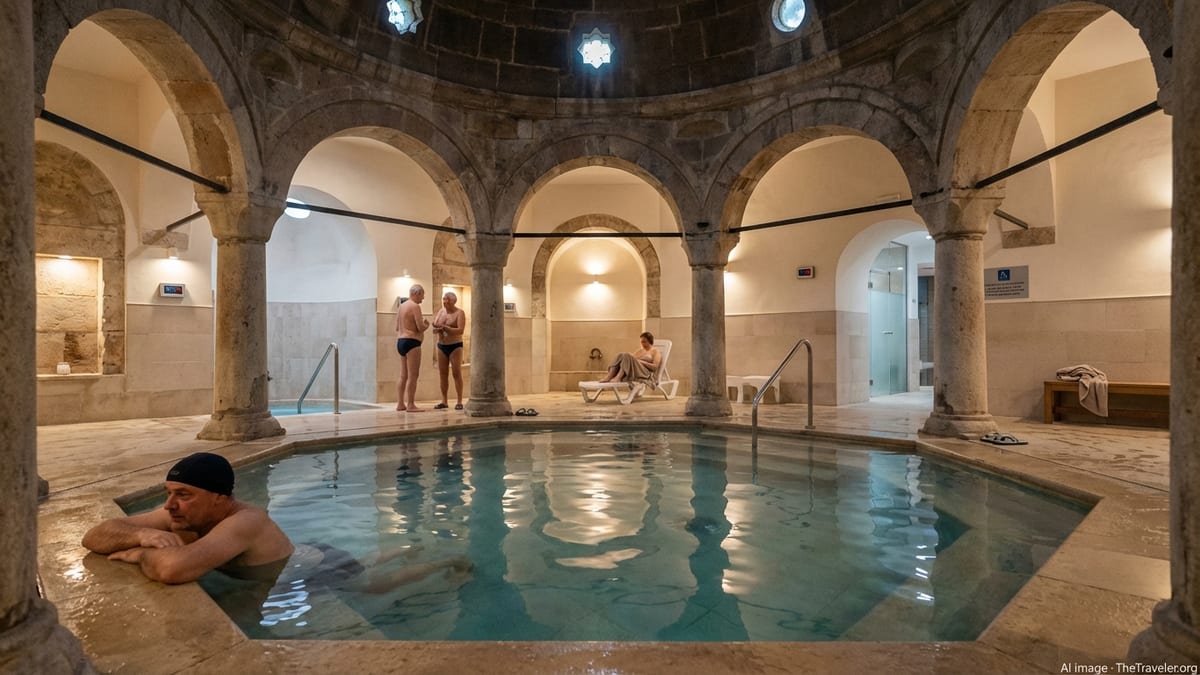 Afternoon view of Veli Bej Bath in Budapest with locals enjoying the spa.