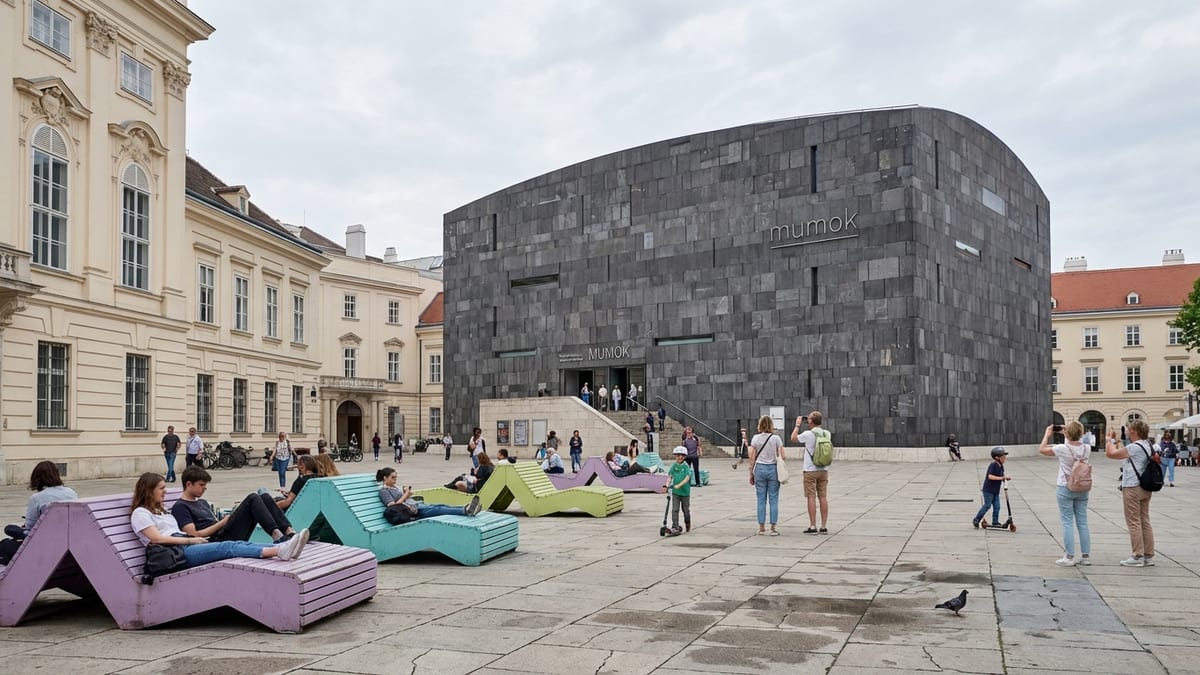 Afternoon view of Vienna's MuseumsQuartier courtyard with MUMOK's basalt block.