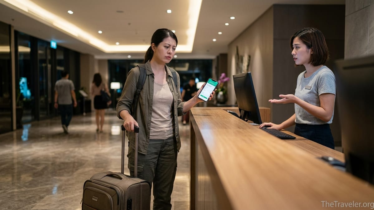 Traveler at hotel front desk showing a confirmed booking on phone while staff cannot find the reservation.