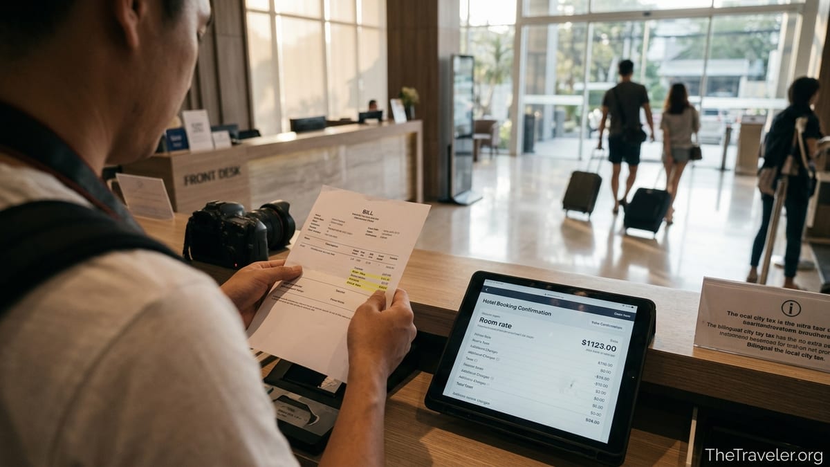 Traveler reviewing hotel bill with unexpected fees at a modern reception desk.