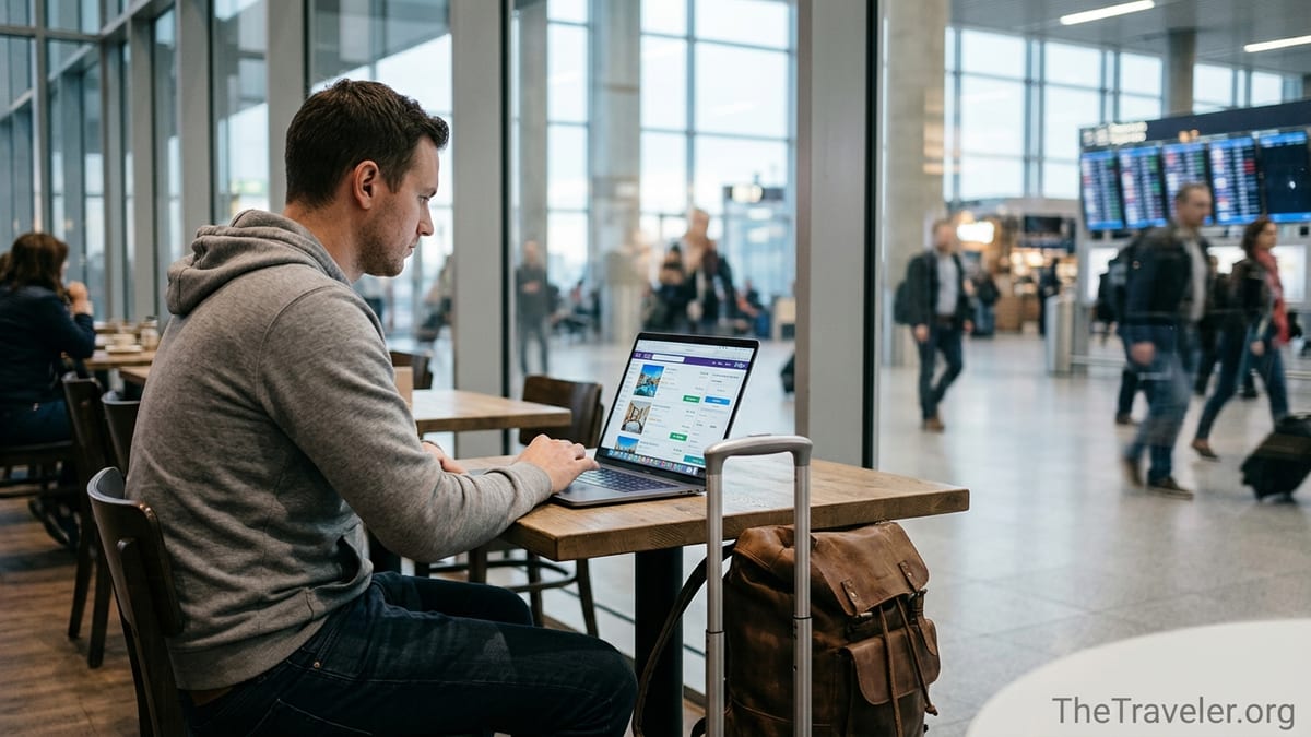 Traveler in an airport café comparing hotel prices on a laptop from different booking sites.