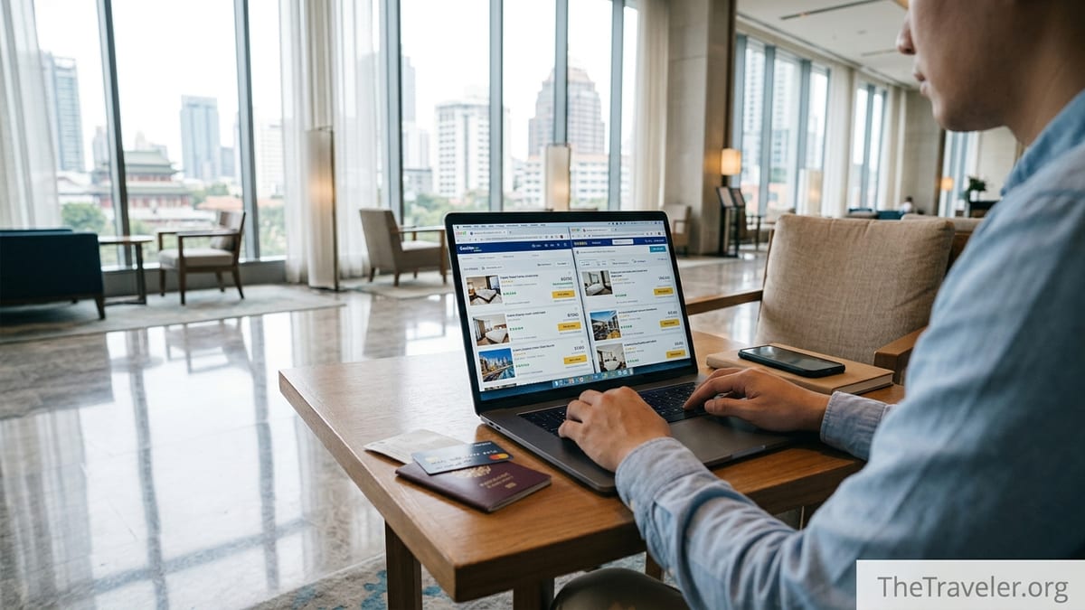Traveler comparing hotel prices on a laptop in a bright hotel lobby.