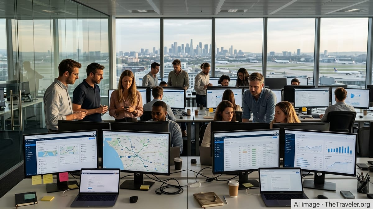 Travel tech workers collaborate in an open office with AI travel dashboards on screens.
