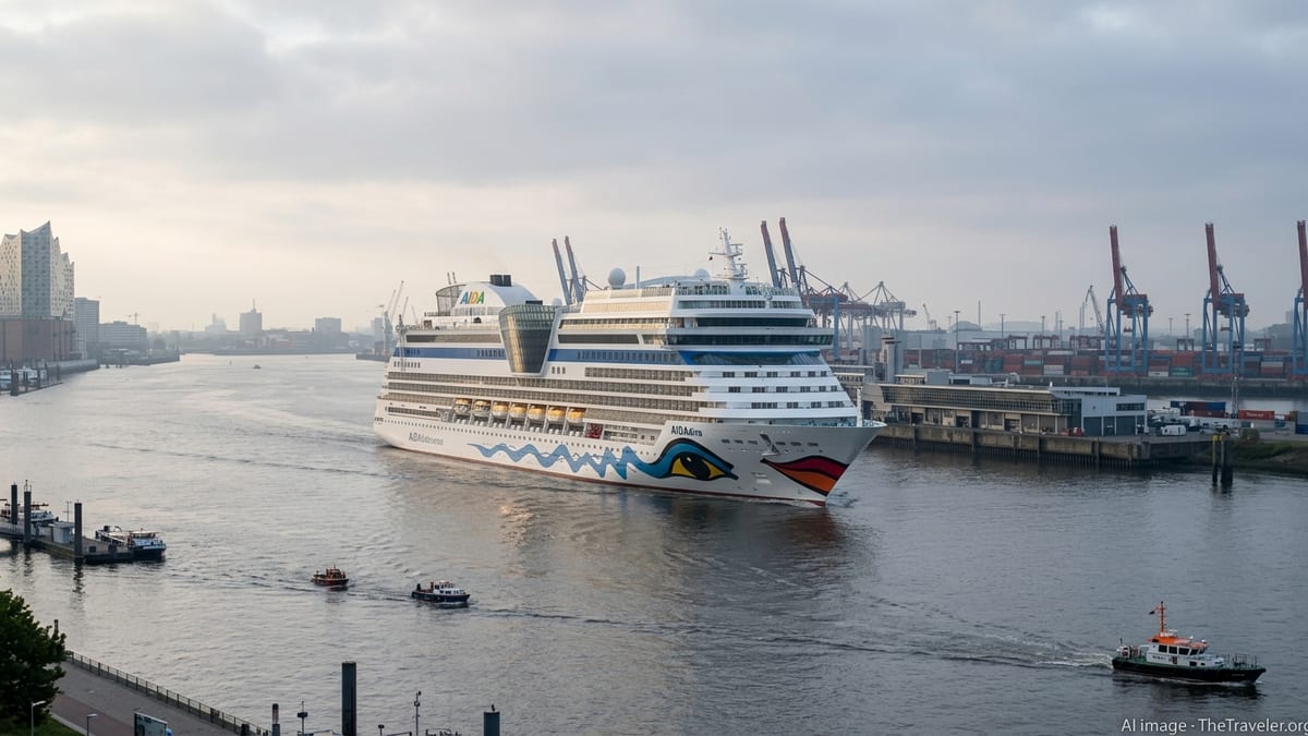 AIDAdiva cruise ship approaching Hamburg’s port on a calm, overcast morning.
