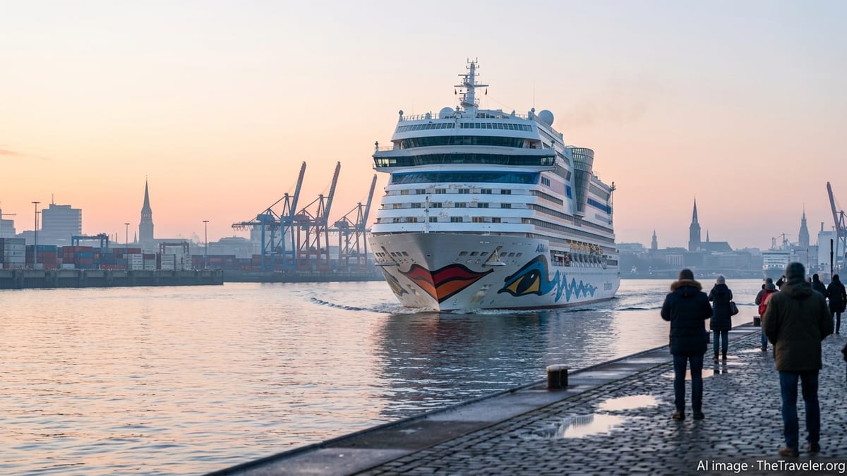 AIDAdiva cruise ship arriving at dawn in Hamburg harbor after a world voyage.