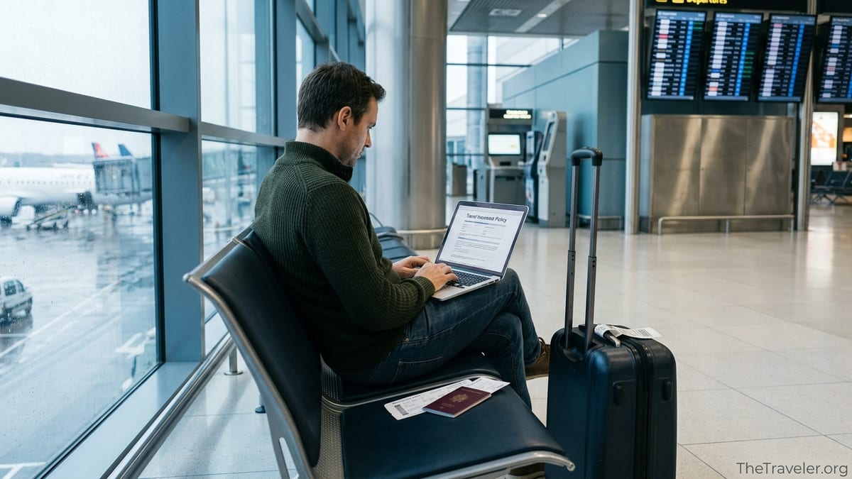 Traveler in an airport terminal reviewing travel insurance on a laptop before a flight.