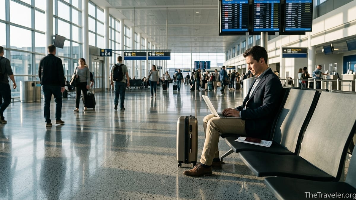 Frequent traveler with carry on bag and laptop waiting at a busy airport gate.