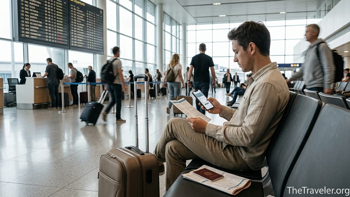 Traveler reviewing trip documents and insurance on phone in busy airport terminal.