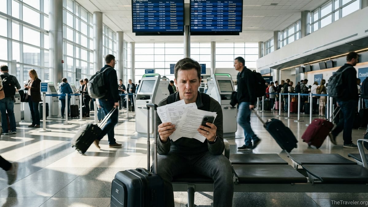Worried traveler reviewing documents in a busy airport after flight disruptions