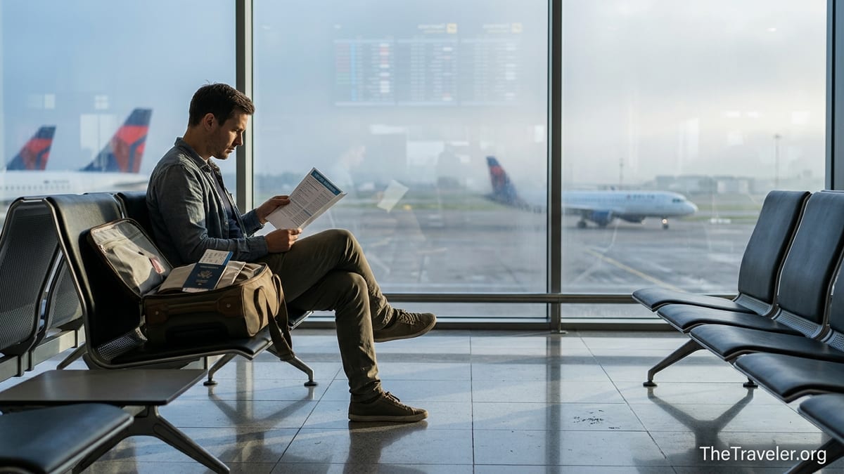 Traveler reading travel insurance documents in a quiet airport terminal at dawn.