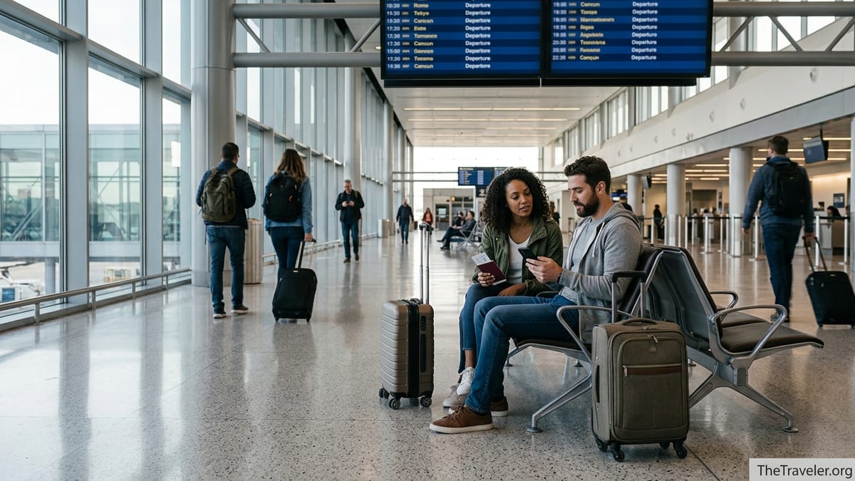 Travelers sitting in an airport departure hall reviewing documents before an international flight.