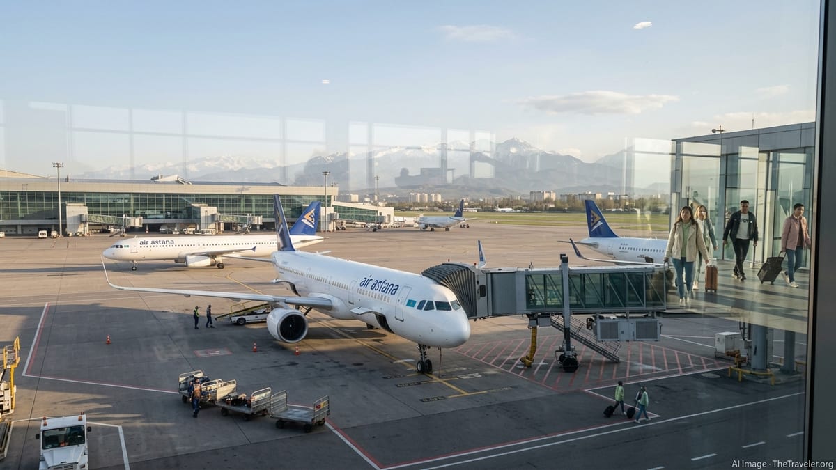 Air Astana jets at Almaty airport gates during busy Nauryz holiday evening.