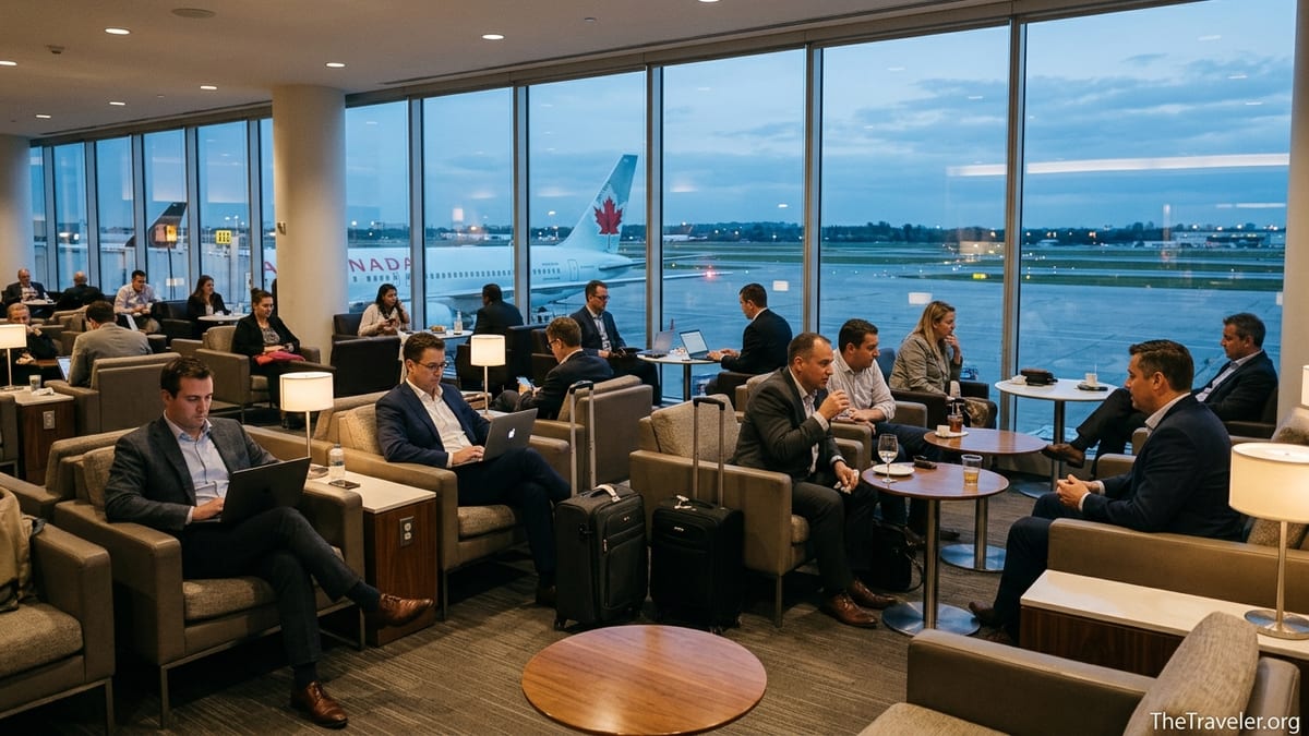 Travelers relaxing in an Air Canada lounge overlooking a parked aircraft at dusk.