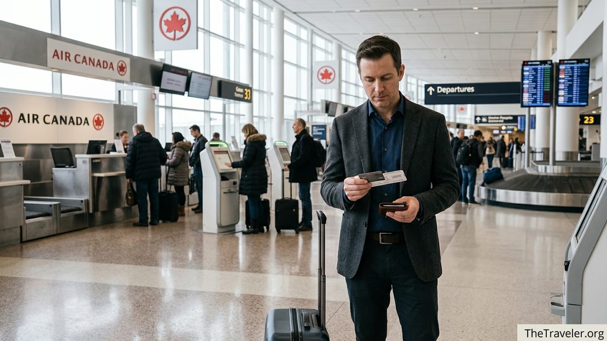 Traveler holding an Aeroplan Reserve card at an Air Canada check-in area in Toronto Pearson airport.