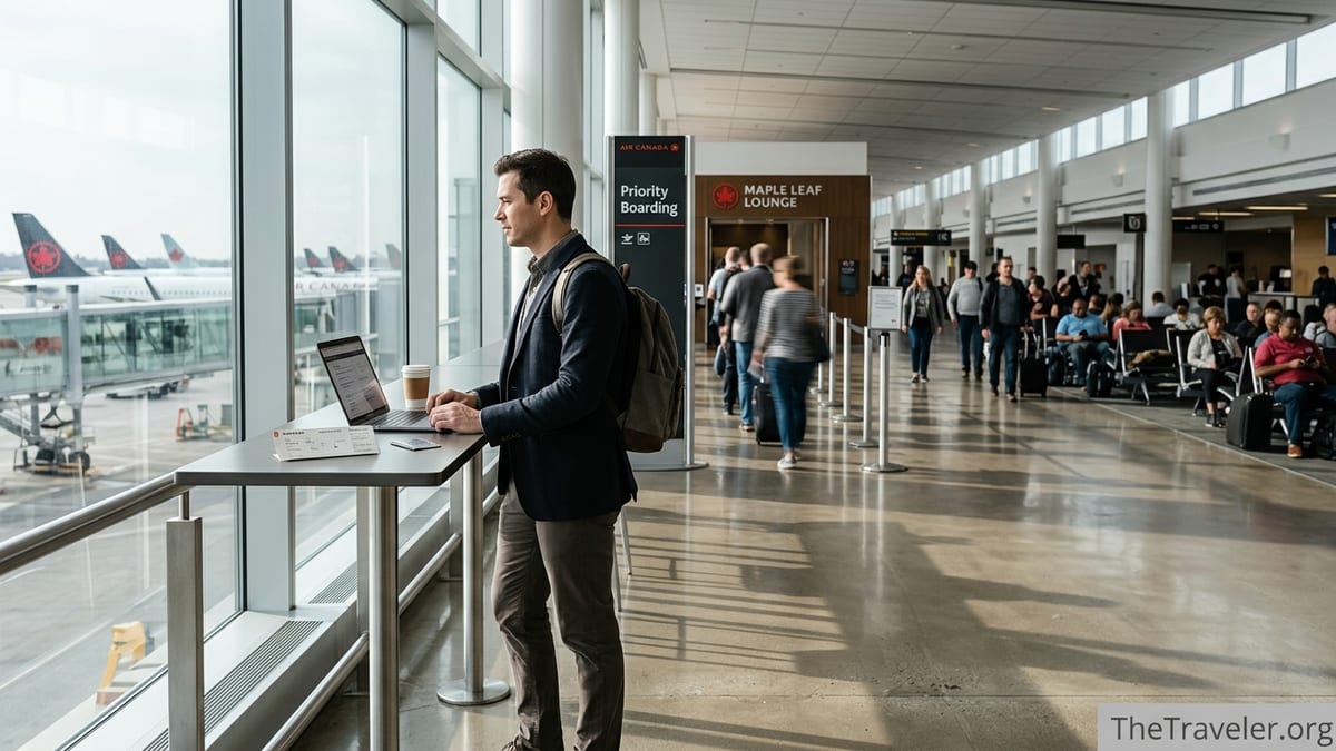 Traveler at Toronto airport priority area reviewing Aeroplan Reserve card benefits before boarding an Air Canada flight.