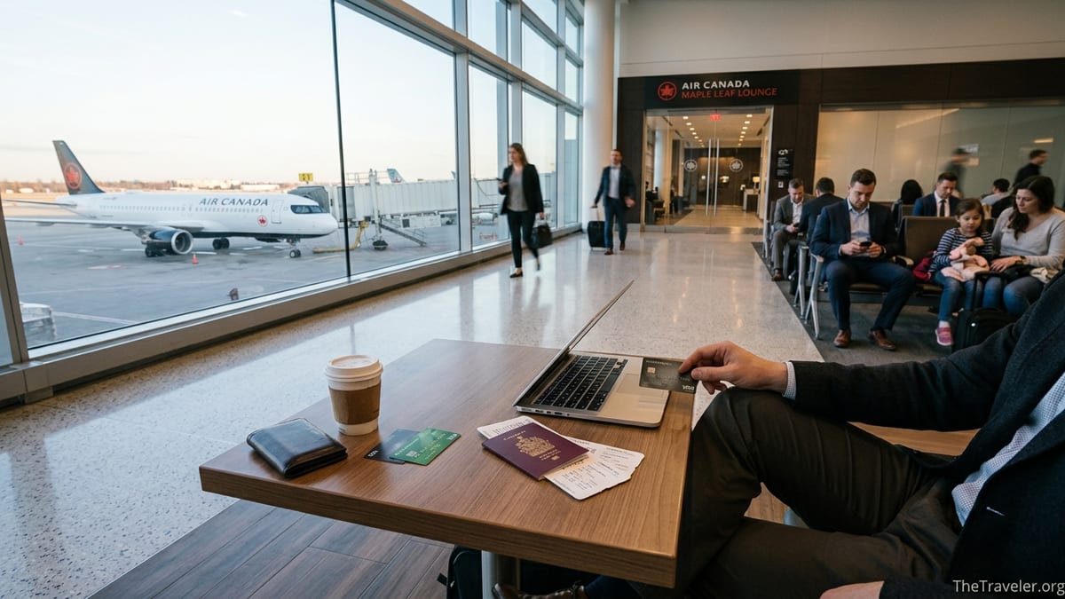 Traveler at Canadian airport comparing two Aeroplan credit cards with an Air Canada plane outside.