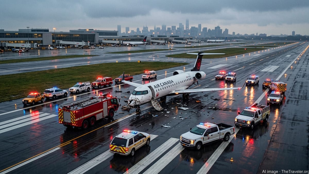 Damaged Air Canada regional jet and overturned fire truck on LaGuardia runway at night amid emergency vehicles.