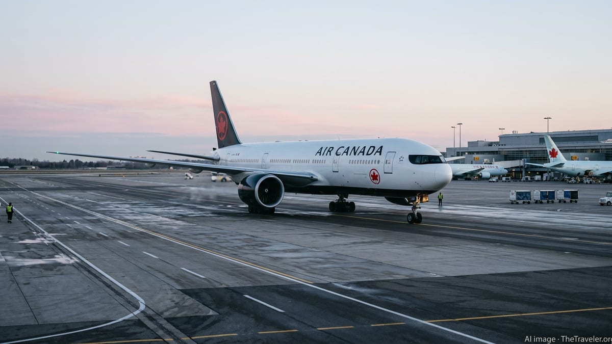 Air Canada Boeing 777 on a taxiway at dawn at Toronto Pearson Airport.