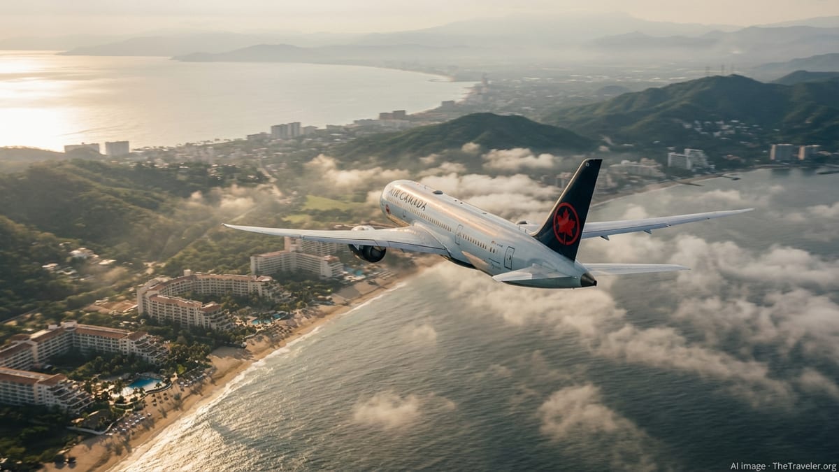 Air Canada jet flying over Mexico’s Pacific coastline at golden hour.