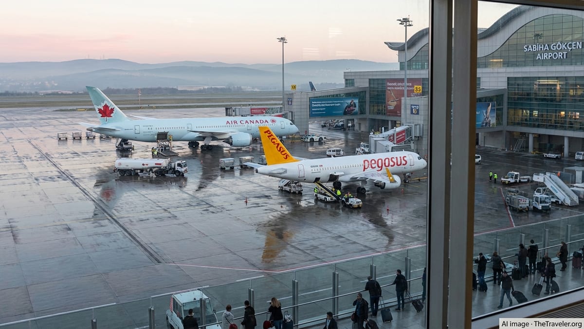 Air Canada and Pegasus jets parked side by side at Istanbul Sabiha Gökçen airport at dawn.
