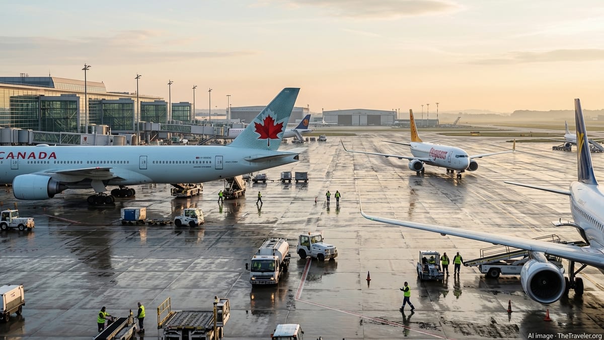 Air Canada and Pegasus jets on a European airport apron in soft morning light.