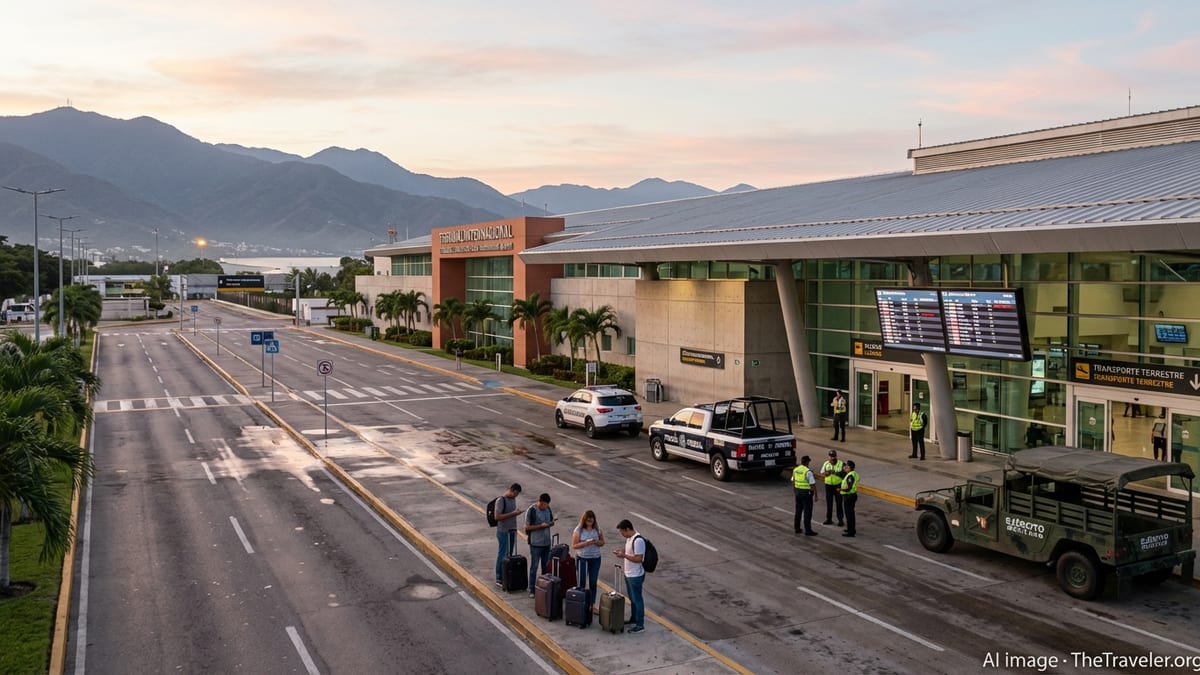Puerto Vallarta airport entrance at sunrise with security vehicles and stranded travelers.