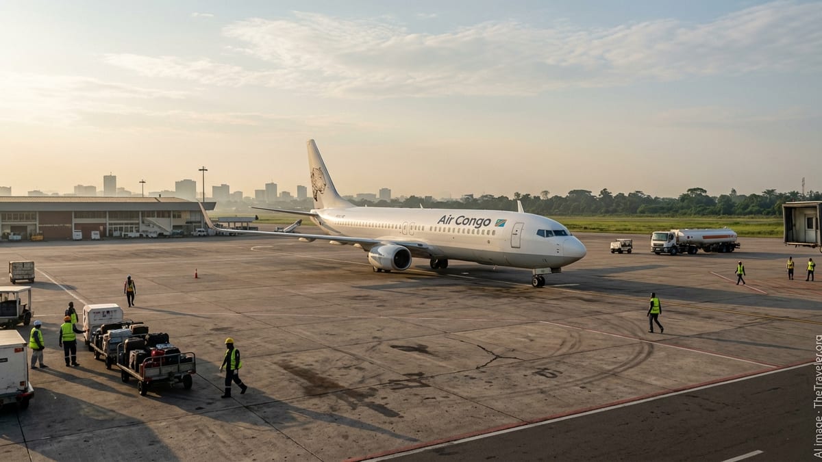 Air Congo jet taxiing at Kinshasa airport at sunrise with ground crew nearby.