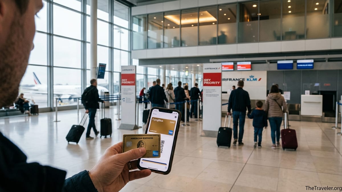 Traveler holding an Air France KLM Amex Gold card and Flying Blue Gold status on a phone in a busy European airport terminal.