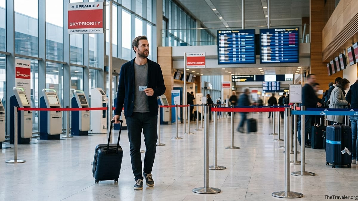 Traveler holding suitcase and card walking toward SkyPriority check-in at Paris Charles de Gaulle.