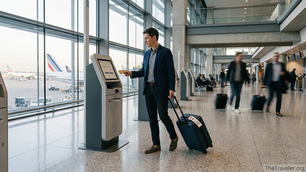 Traveler holding a gold Air France KLM Amex card in an airport terminal near an Air France gate.
