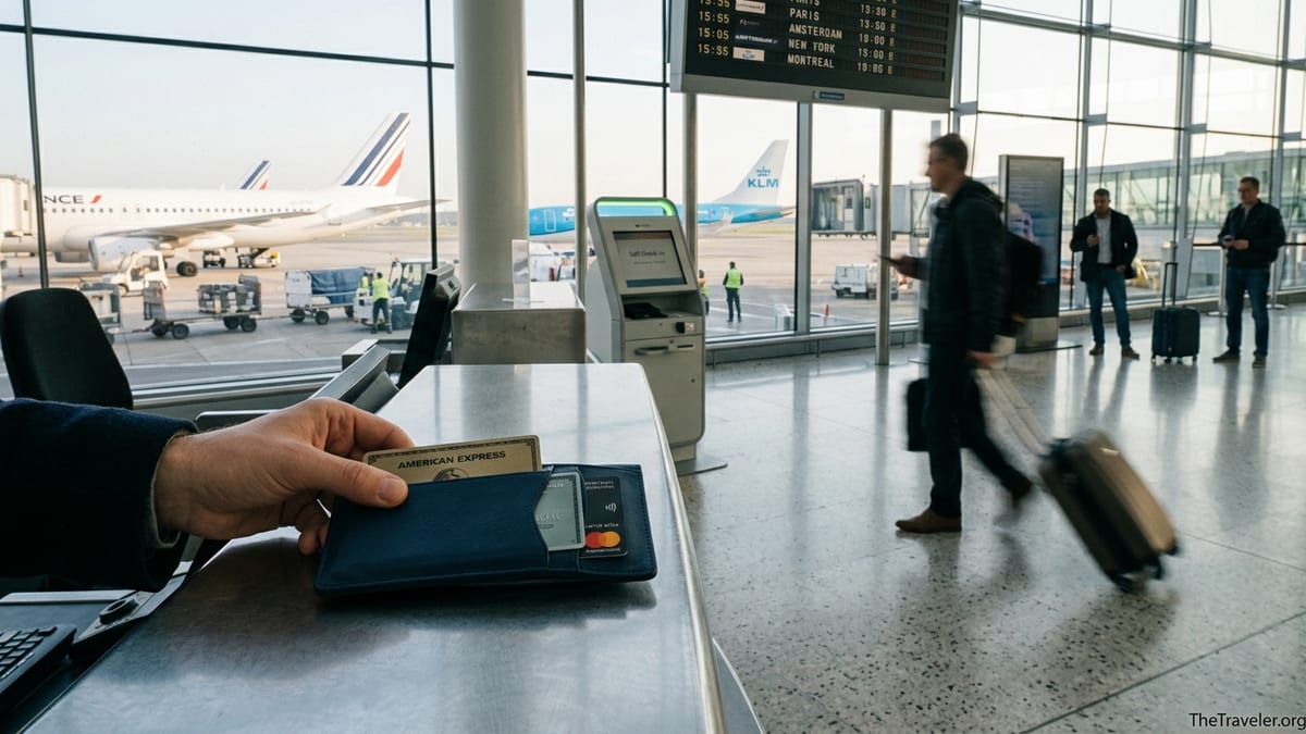 Traveler paying at an airport check-in counter with premium cards, Air France and KLM planes outside.