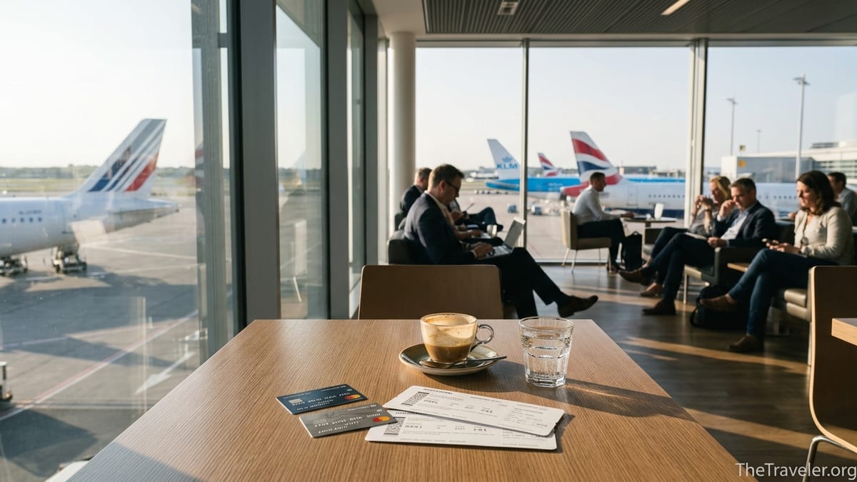 Airport lounge table with travel credit cards and view of Air France, KLM and British Airways planes.