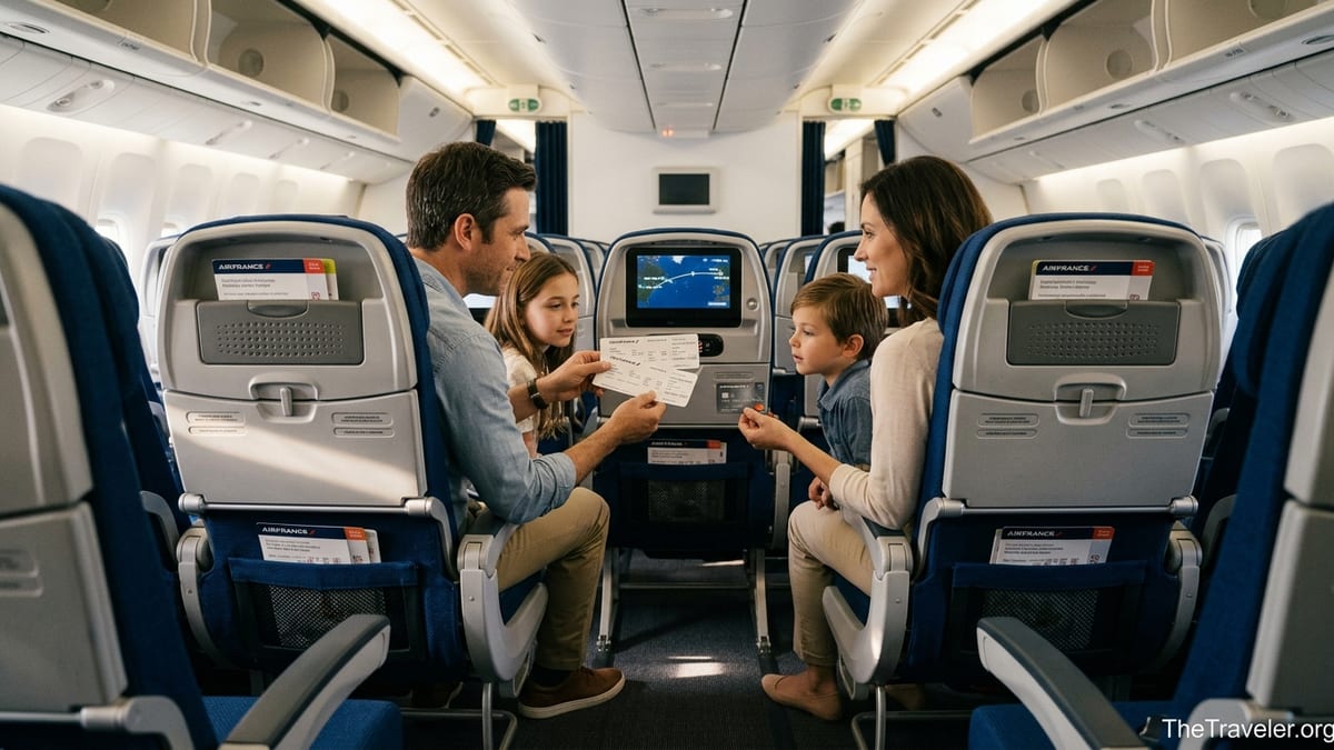 Family on Air France KLM long-haul flight to Europe, parents holding co-branded credit card.