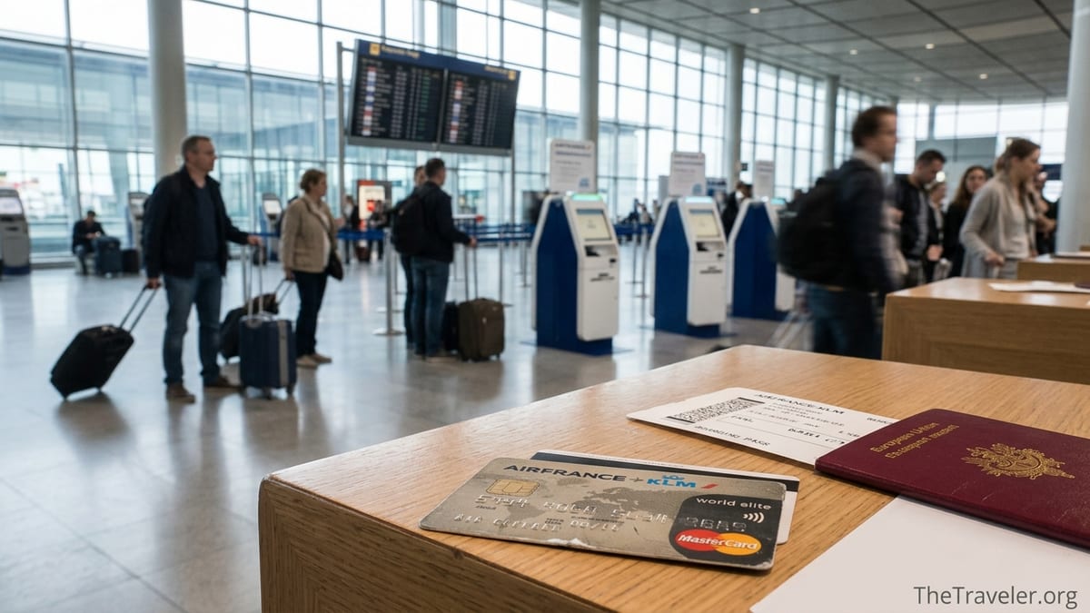 Traveler’s Air France KLM World Elite Mastercard on an airport counter at check in.