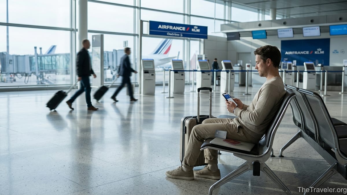 Traveler in an airport terminal reviewing a credit card application on a phone near Air France and KLM check in.