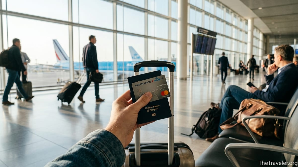 Traveler holding an Air France KLM credit card and passport in an airport terminal with planes outside.