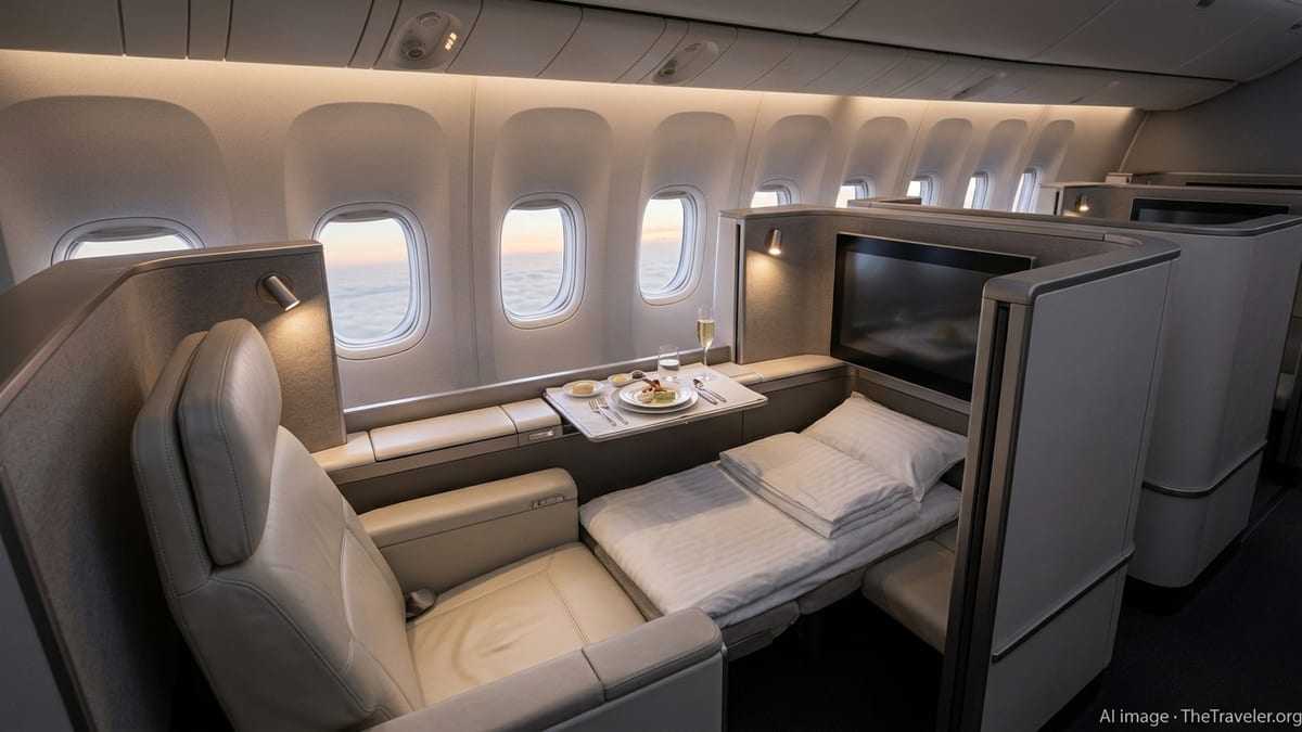 Air France La Première first class suite with bed and dining table on a Tokyo-bound flight.