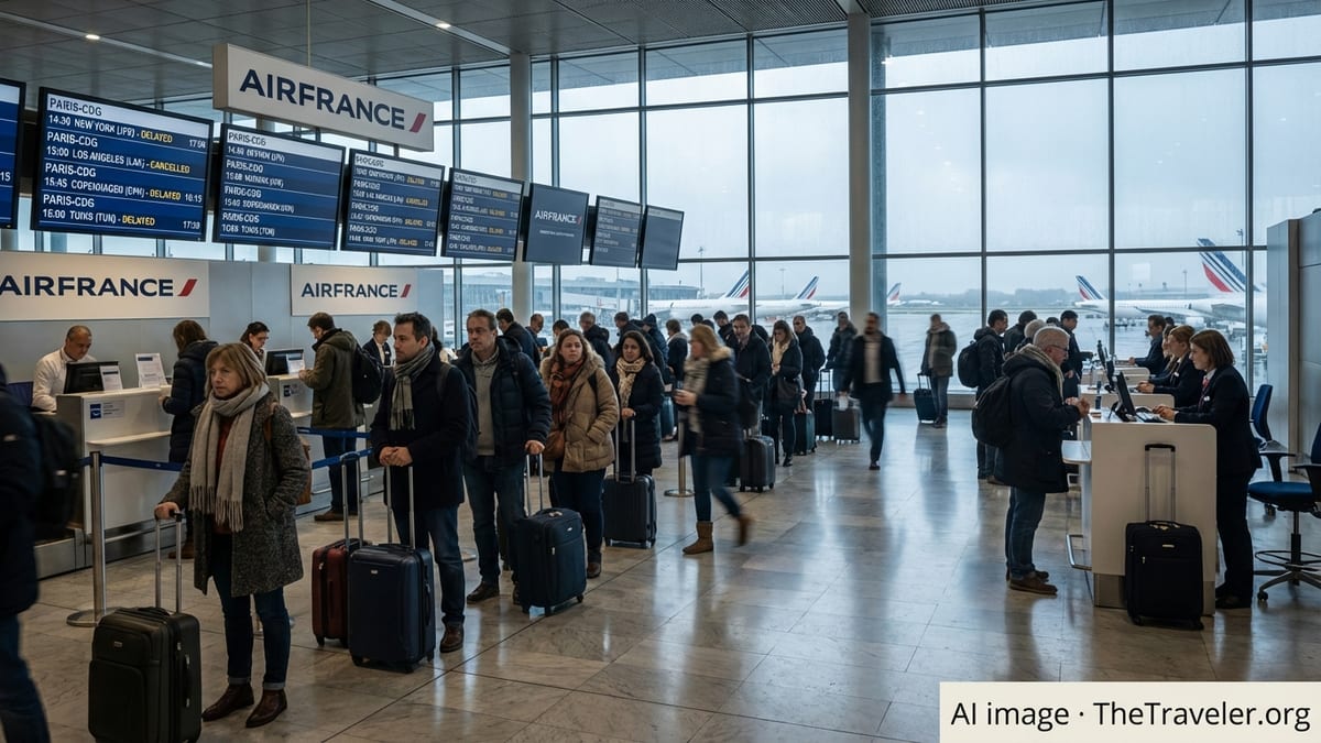 Crowded Air France check-in area at Paris airport with passengers waiting amid flight disruption.