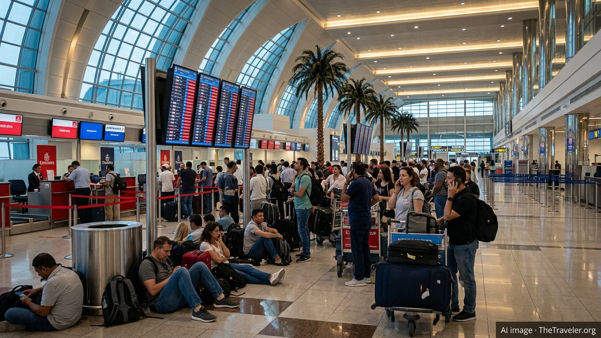 Stranded airline passengers crowd beneath cancellation boards at a Gulf airport.