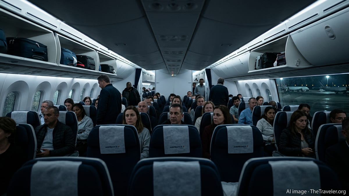 Anxious passengers sit and stand inside a dimly lit Air France cabin after a flight is halted.