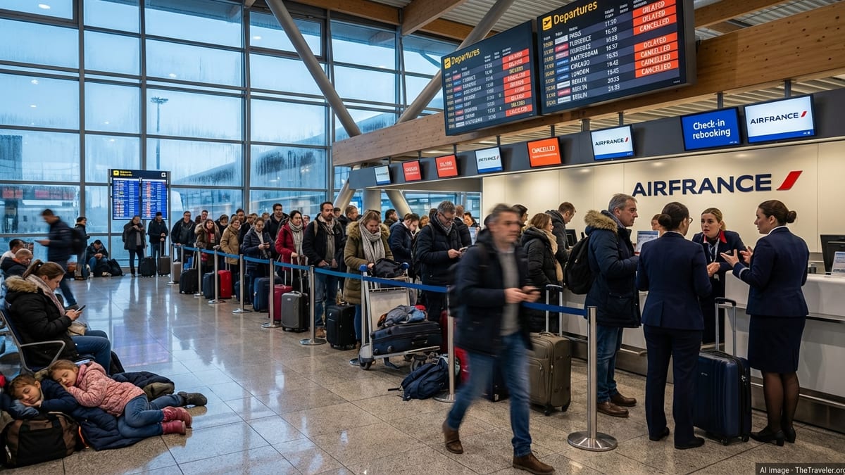 Crowded airport terminal with long lines of stranded Air France passengers and delayed flights on departure boards.