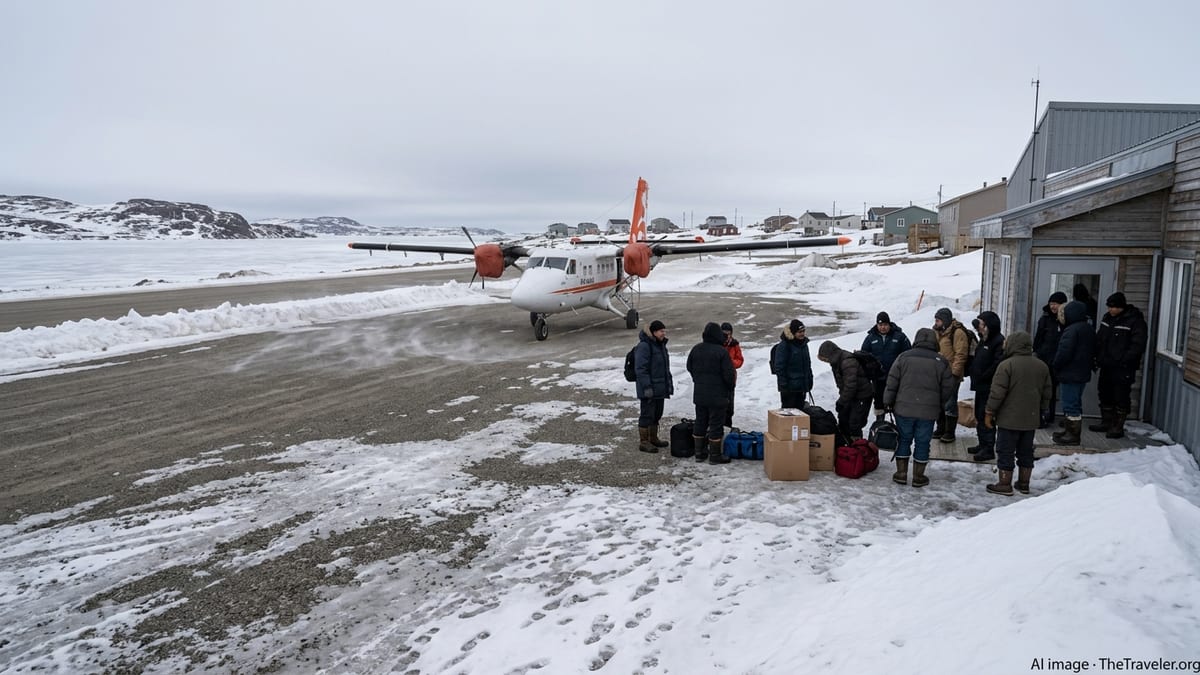 Passengers in winter clothing wait beside an idle turboprop at a small snowy Nunavik airport.