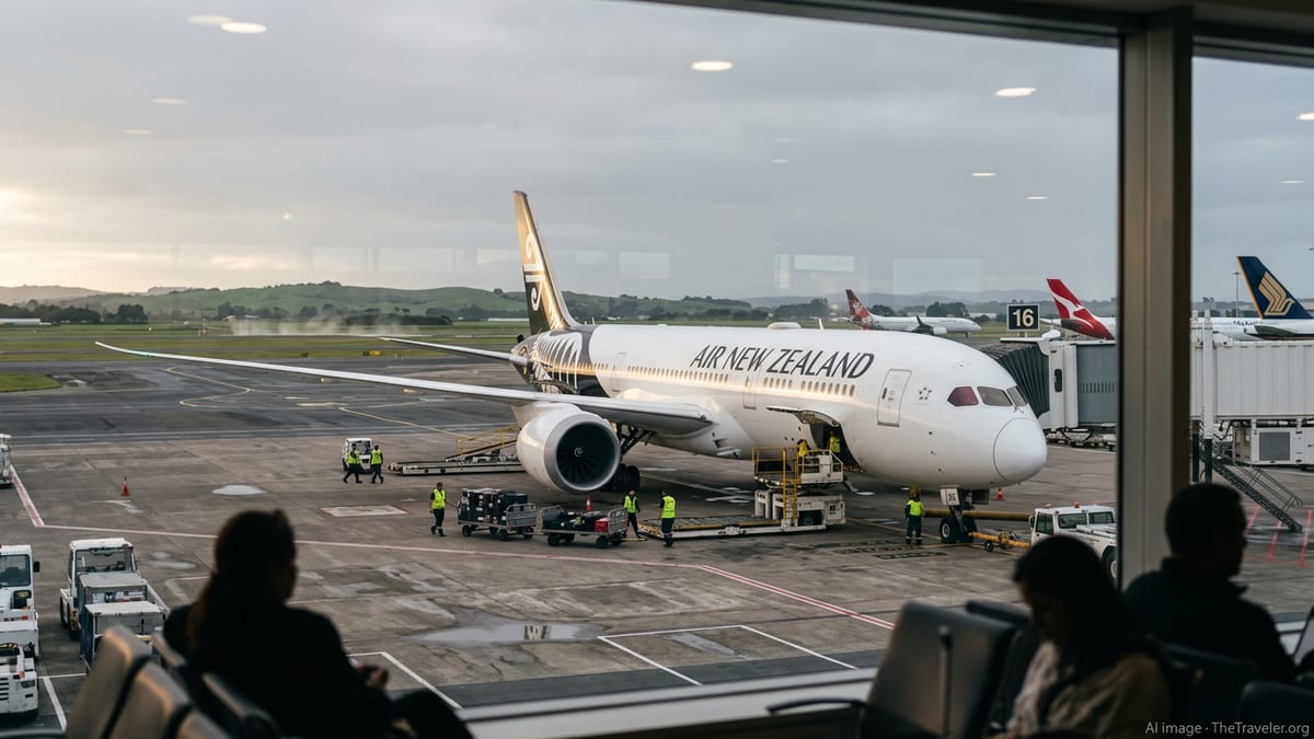 Air New Zealand Boeing 787 at Auckland Airport gate at dawn with ground crew working.