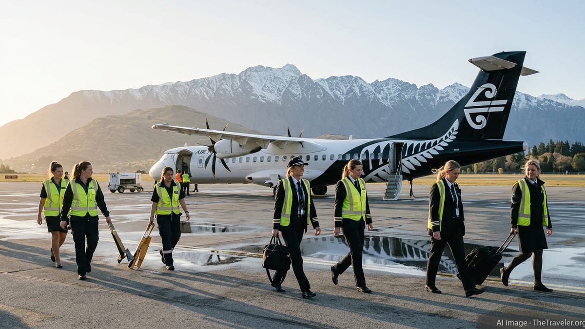 All-women Air New Zealand crew and ground staff working around an aircraft at Queenstown Airport with mountains in the back.
